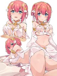 1boy arms_under_breasts ass bangs bare_shoulders blue_eyes blush braid breast_hold breast_squeeze breasts cleavage criss-cross_halter detached_sleeves female hair_ribbon hair_rings halterneck large_breasts looking_at_viewer multiple_views navel open_mouth paizuri pink_hair pkpkpppk princess_connect! princess_connect!_re:dive ribbon short_hair skirt smile straight thighs twin_braids white_skirt yui_(princess_connect!)