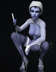 1girls 3d 3d_(artwork) angry blizzard_entertainment blue_hair blue_skin breasts choker clothed clothing crouching errbee feet female female_only gloves hat heels highres looking_at_viewer nipples no_bra no_panties open_toe_shoes overwatch pantyhose piercing purple_skin pussy silver_nails sword toes vagina widowmaker yellow_eyes