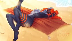 anthro beach catherinemeow female fish genitals hair hi_res looking_at_viewer marine meeple_(rappy) nude pussy red_eyes red_hair sand seaside shark solo