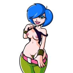 1girls 2d blue_hair cartoon_network ed_edd_n_eddy female female_focus female_only flashing grin kanker_sisters marie_kanker no_penetration pooph red_nails shaved_pussy shirt_lift solo solo_female tank_top underboob