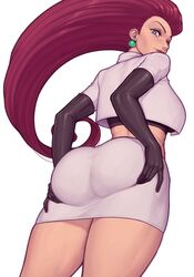 1girls ass ass_focus ass_in_dress ass_support asura_(artist) big_ass blue_eyes bottomless burgundy_hair butt curvaceous dat_ass earrings elbow_gloves eyelashes eyeshadow favorite female female_only gloves human jessie_(pokemon) lipstick long_hair looking_at_viewer looking_back nintendo pawg pencil_skirt pokemon pokemon_rgby purple_hair red_lipstick seductive_look skirt solo tanline team_rocket thick_thighs tight_clothes tight_skirt viewed_from_behind viewed_from_below white_background white_skirt wide_hips