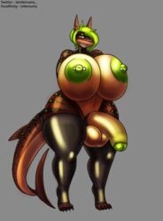 1futa accessory aella_(nanobite) anthro areola balls big_areola big_balls big_breasts big_nipples big_penis breasts brown_body brown_stripes cock_ring ear_piercing facial_piercing fish futanari genitals glans green_areola green_eyes green_glans green_hair green_nipples green_spots grey_background grin gynomorph hair half-erect hi_res huge_balls huge_breasts huge_cock infernums intersex jewelry latex_armwear latex_stockings lip_piercing looking_at_viewer marine nipple_piercing nipples non-mammal_breasts nose_piercing penis penis_accessory penis_jewelry piercing rubber shark simple_background smile solo spots stripes tan_body thick_thighs wide_hips