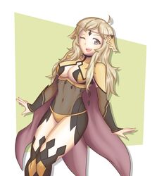 1girls bare_thighs blonde_hair breasts cleavage female female_only fire_emblem fire_emblem_fates grey_eyes hayato_stuff long_hair looking_at_viewer medium_breasts nintendo one_eye_closed open_mouth open_smile ophelia_(fire_emblem) sideboob simple_background smile solo teenager wink