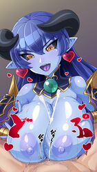 1boy areolae astaroth_(shinrabanshou) blue_hair blue_skin cum cumming cumshot demon_girl female horns huge_breasts large_breasts long_hair monster_girl nipples open_mouth outercourse paizuri partially_clothed shinrabanshou straight yellow_eyes