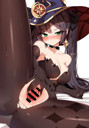 bar_censor bare_shoulders black_bodysuit black_choker black_hair black_legwear black_ribbon blush bodystocking bodysuit breasts censored choker cleavage closed_mouth collarbone covered_navel earrings embarrassed eyebrows_visible_through_hair female frown genshin_impact green_eyes hair_ribbon hat highres jewelry jubro korean_commentary long_hair looking_at_viewer lying medium_breasts mona_(genshin_impact) on_side purple_headwear pussy ribbon simple_background single_earring skin_tight solo spread_legs spread_pussy star_(symbol) star_earrings sweat torn_bodystocking torn_clothes torn_legwear tsurime twintails white_background witch_hat