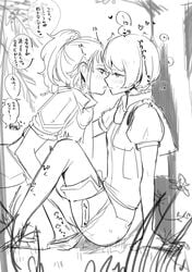 2girls blush female_only fingering fingering_partner fire_emblem fire_emblem:_new_mystery_of_the_emblem forest katarina_(fire_emblem) kissing kris_(female)_(fire_emblem) kris_(fire_emblem) medium_hair monochrome nintendo outside panties panties_aside ponytail sakuramotikun short_hair sketch text translation_request yuri