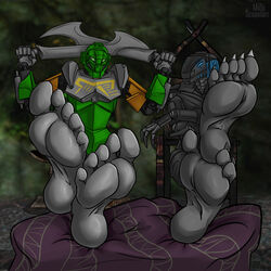 1:1 anthro barefoot bionicle bionicle_(gen_2) black_body black_head blue_eyes chair claws crossed_arms crossed_feet crossed_legs crossed_swords cybernetics cyborg duo feet female foot_fetish foot_focus furniture green_body green_eyes green_head hi_res humanoid inviting jungle lego lewa lewa_(master) looking_at_viewer machine male male/female melee_weapon no_shoes presenting robot robot_humanoid roodaka scapulari sitting smile smiling_at_viewer soles sword toa toe_claws toes weapon