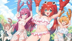 >_< 16:9 2020 4_eyes 6girls :o ^_^ animal-shaped_hair armband armpits arms_up bare_shoulders bikini blonde_hair blue_eyes blurry blurry_background blush breasts brown_hair cleavage closed_eyes cloud crab_girl crab_rave dancing eyebrows_visible_through_hair fangs frilled_bikini frills green_eyes hair_between_eyes happy highres humanized large_breasts long_hair long_twintails looking_at_viewer low_twintails medium_breasts meme merryweather multi_eye navel one_eye_closed open_mouth original outdoors pincers pink_bikini purple_hair raised_leg rayno sarong sky small_breasts smile standing standing_on_one_leg sweat sweatdrop swimsuit teeth thick_thighs thighhighs thighs tongue tree twintails white_bikini wide_hips wink