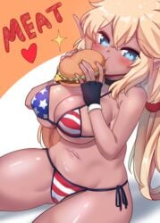 1girls 2020 american_flag american_flag_bikini bikini black_gloves blonde_hair blue_eyes blush breasts burger cameltoe cheek_bulge cleavage dark-skinned_female dark_skin eating elf evangeline_(one_million_gold) eyebrows_visible_through_hair female female_only fingerless_gloves food gloves hair_between_eyes heart highres holding_burger large_breasts long_ears looking_at_viewer low_twintails navel nipple_bulge one_million_gold plump pointy_ears rayno shadow side-tie_bikini simple_background sitting solo sparkle swimsuit text thick_thighs thighs tied_hair twintails wide_hips