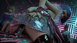 1boy 3d 3d_(artwork) 3girls anal anal_sex ass blue_hair bob_cut brown_eyes cd_projekt_red cowgirl_position cunningchicken cybernetics cyberpunk cyberpunk_2077 dress dress_lift evelyn_parker eyelashes eyeliner eyeshadow female freckles fringe green_eyes hime_cut human judy_alvarez latex latex_suit looking_at_viewer looking_back male medium_hair misty_olszewski nightclub pale_skin partial_male penis pubic_hair purple_lipstick short_hair slim small_fringe spread_ass tight_anal upskirt