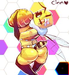 2019 antennae anthro ass back_view bee bee_(minecraft) blue_eyes blush breasts cinkoji clothed flower heart holding_object honey honeycomb_background looking_at_viewer looking_back minecraft mouthless neck_tuft signature stinger text wings wink yellow_skin