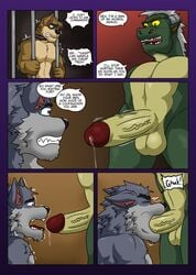 abs anthro apprehensive balls bars blue_eyes bob_(vju79) bodily_fluids brown_body brown_fur canid canine canis captive_(vju79) captive_(vju79):_part_i collar comic dragon english_text erection fur genital_fluids genitals gervic_(vju79) glans green_body green_scales grey_body grey_fur grimace group heterochromia hostage humanoid_genitalia humanoid_penis magic male male/male mammal multicolored_body muscular muscular_anthro muscular_male open_mouth oral page_59 penis precum prison purple_glow scales scalie standing text two_tone_body vju79 wingless_dragon wolf yellow_penis yellow_sclera