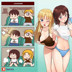 2boys 3girls breast_expansion breasts cleavage clothed_female comic erect_nipples erect_nipples_under_clothes female flashing_breasts gender_transformation genderswap_(mtf) leaning_forward nipple_bulge no_bra original panties phone revealing_clothes rudy_saki rule_63 seductive standing teasing tongue tongue_out transformation tsf_4-koma wink