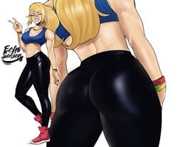 1girls abs ass ass_focus big_ass blonde_hair cleavage closed_eyes clothed dat_ass echosaber female female_only fit fit_female fully_clothed grin hi_res latex latex_clothing latex_legwear latex_pants metroid midriff muscular_bimbo muscular_female nintendo peace_sign ponytail samus_aran shiny_pants skin_tight smile solo tank_top tied_hair tight_clothing tight_pants