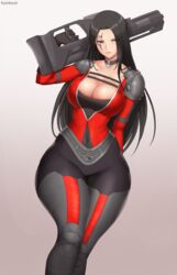 angry angry_expression angry_face belly_button big_breasts black_hair bottom_heavy breasts cleavage curvy female kainkout large_thighs long_hair thick thick_thighs thin thin_waist voluptuous