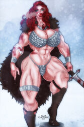 1girls abs alexcherubic big_breasts blood breasts fur green_eyes jewelry long_hair muscle muscles muscular muscular_female red_hair red_sonja red_sonja_(comics) rock snow solo solo_female sword warrior winter