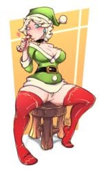 1girls 2019 artist_signature bell_collar blue_eyes blush bottomless breasts candy_cane candy_cane_in_mouth carpet_matching_drapes christmas cleavage earring heart hi_res kreatureink original_character pinup proxt2k pubic_hair pussy santa_costume sitting stool thighhighs thighs vagina