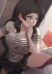 1boy black_hair black_skirt blush brown_eyes clothed_sex female hand_on_another's_waist hand_up idolmaster idolmaster_million_live! kitazawa_shiho long_hair male_pubic_hair necktie penis pubic_hair sex shirt short_sleeves skirt stealth_sex straight striped striped_shirt stuffed_animal stuffed_cat stuffed_toy tai0201 vaginal_penetration wall