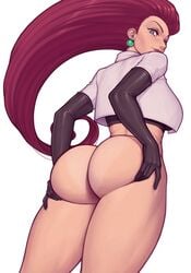 1girls ass ass_support asura_(artist) big_ass blue_eyes bottomless burgundy_hair curvaceous dat_ass earrings elbow_gloves eyelashes eyeshadow favorite female female_only from_behind from_below gloves human jessie_(pokemon) lipstick long_hair looking_at_viewer looking_back nintendo pawg perfect_legs pokemon pokemon_rgby purple_hair red_lipstick seductive_look shiny_skin solo tanline team_rocket thick_thighs thighs thighs_together viewed_from_behind viewed_from_below white_background wide_hips