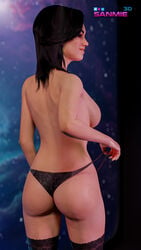 1girls 3d 3d_(artwork) bioware black_hair blue_eyes female female_focus female_only lingerie mass_effect miranda_lawson panty_pull pinup sanmie3d solo teasing topless