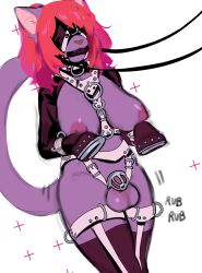 1futa anthro balls bassenji bit_gag breasts chastity chastity_cage chastity_device clothing cock_cage collar cuff_(restraint) domestic_cat felid feline felis fur futa_only futanari gag garter_straps genitals gynomorph hair harness harness_bit_gag harness_gag hi_res hooves intersex kjatar legwear mammal muzzle_(object) nipples onomatopoeia petplay ponyplay purple_body purple_fur red_hair reins restraints roleplay solo sound_effects stockings straps text thigh_cuffs thigh_highs walking wrist_cuffs