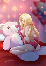 1girls back bare_shoulders barefoot blonde_hair blush bra brown_eyes cowgirl_position feet female female_on_top female_only from_behind holding_clothing lipstick looking_at_viewer looking_back makeup naruto naruto_(series) naruto_shippuden on_bed panties sitting sitting_on_object stuffed_animal stuffed_toy teddy_bear tied_hair tsunade twintails untied untied_bra valraya