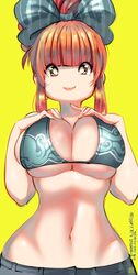 1girls big_breasts bra breasts clothed clothed_female colored female female_focus female_only fully_clothed human kenron_toqueen looking_at_viewer midriff orange_hair signature simple_background solo solo_female solo_focus tomatita watermark