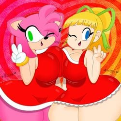 2021 2girls 3barts amy_rose asymmetrical_docking big_ass big_breasts blonde_hair blue_eyes breast_press bumping_breasts capcom crossover cute female green_eyes gynoid hedgehog mega_man mega_man(classic) mobian_(species) mobian_hedgehog multiple_girls peace_sign pink_hair robot robot_girl roll sega sonic_(series) tagme wink