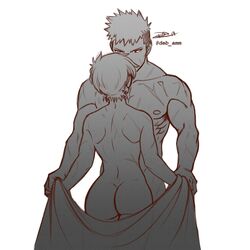 1boy 1boy1girl 1girls aged_up alternate_hairstyle ass ass_cheeks athletic_female back_muscles bare_ass bare_back deb_amm debby-san female fit_female fit_male height_difference katsuki_bakugou male male/female monochrome muscular_male my_hero_academia nude nude_female nude_male nudity ochako_uraraka red_eyes scars scars_all_over scars_on_body short_hair short_hair_female straight time_skip