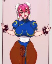 1futa 2021 ball_bulge balls balls_under_clothes breasts bulge chun-li chun-li_(cosplay) clothed clothing erection_under_clothes erection_under_loincloth erection_under_pantyhose final_fight fully_clothed futa_only futanari half-erect human intersex loincloth loincloth_lift looking_at_viewer pale_skin panties penis penis_bulge penis_under_clothes penis_under_loincloth poison_(final_fight) precum precum_drip precum_through_clothing randomboobguy solo standing street_fighter tenting testicles thick_thighs wide_hips