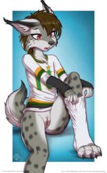 2020 4_toes anthro black_nose blue_background border bottomless brown_hair cheek_tuft chest_tuft claws clitoris clothed clothing dressing ear_tuft facial_tuft feet felid feline female flat_chested footwear fur furry furry_only genitals gradient_background highres hockey_jersey legwear lynx mammal minnesota_north_stars niilo one_sock open_mouth orange_eyes partially_clothed paws pink_pussy print_topwear pussy rysonanthrodog shaded signature simple_background sitting socks solo sportswear tail text toe_claws toes tomboy topwear torn_clothing torn_footwear torn_socks tuft url white_border white_inner_ear_fluff