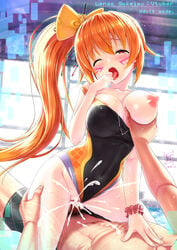 1boy breast_grab breasts character_name commentary_request competition_swimsuit cowgirl_position facial_mark female grabbing hair_ornament highres indie_virtual_youtuber large_breasts lenas_sukeimu long_hair looking_at_viewer negimaki_(negimaki256) one-piece_swimsuit open_mouth orange_eyes orange_hair pussy_juice side_ponytail solo_focus straddling swimsuit virtual_youtuber wince