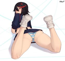 1girls annoyed ass back_view black_hair black_skirt blue_eyes blush canon_panties clothed_female female female_only fully_clothed kill_la_kill large_ass legs_apart legs_up looking_at_viewer looking_back matoi_ryuuko miniskirt nidhoggn panties plain_background pleated_skirt red_highlights school_uniform schoolgirl senketsu shimapan shoes short_hair skirt solo solo_female striped_panties teenager the_pose thick_thighs thighs tomboy upskirt watermark white_background