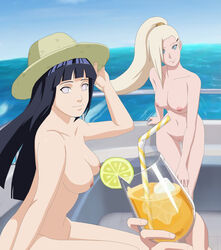 3girls arm_support bangs blonde_hair blue_eyes blunt_bangs boat breasts drink faceless_female female female_only female_pov floating_hair glass hair_over_one_eye hat holding_object hyuuga_hinata ino_yamanaka long_hair looking_at_another looking_at_partner looking_at_viewer multiple_girls naked naruto naruto_(series) naruto_shippuden nipples nude_filter ocean ponytail pov purple_hair sakura_haruno sitting smile smiling straw_hat tied_hair violet_eyes water wind_lift