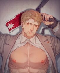 1boy areolae attack_on_titan blonde_hair eldian_armband eldian_flag facial_hair hand_tied jacket looking_at_viewer male male_focus male_only muscular muscular_male nipples reiner_braun shingeki_no_kyojin solo solo_male tied_hands unbuttoned unbuttoned_shirt