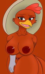 anthro avian bird breasts chicken disney female galliform gallus_(genus) genitals hi_res klr-rio looking_at_viewer nipples non-mammal_breasts panchito_pistoles phasianid pussy red_background rule_63 simple_background solo the_three_caballeros