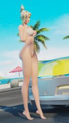 1girls 3d angela_ziegler blizzard_entertainment car exposed_breasts exposed_nipples highres lifeguard_mercy looking_at_viewer mercy overwatch solo tiptoes wackation