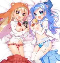 2girls artist_request blonde_hair blue_eyes blue_hair breasts doma_umaru female female_focus female_only himouto!_umaru-chan multiple_girls nipples panties skirt tachibana_sylphynford yellow_eyes