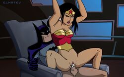 1boy 1girls batman batman_(series) black_hair bottomless breasts bruce_wayne cowl cum_in_pussy cum_inside dc dc_comics dcau diana_prince elmrtev female_on_top justice_league justice_league_unlimited lipstick long_hair one_eye_closed partially_clothed penis reverse_cowgirl_position sex spread_legs straight tiara vagina vaginal_penetration vaginal_sex wonder_woman wonder_woman_(series)