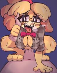 animal_crossing anthro bodily_fluids clothed clothing duo erection female genitals hair hi_res isabelle_(animal_crossing) male male/female naughty_face nintendo penis sex simple_background tongue video_games zaimublush