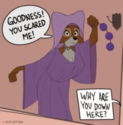 absurd_res anal_beads big_breasts black_eyes breasts brown_body brown_fur canid canine cleavage clothed clothing collar disney dress female fitletter fox fur hi_res maid_marian mammal robin_hood_(disney) sex_toy text veil white_body white_fur