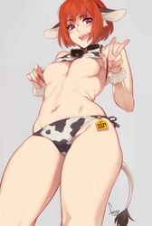 1girls arched_bangs bra bra_lift collar cow_ears cow_girl cowbell feguimel looking_at_viewer orange_hair panties pink_eyes sue_(feguimel) tail undressing