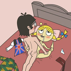 bedroom_setting bedroom_sex blonde_hair braids cartoon_network clothes_removed couple dark_hair eurotrish flight_lieutenant_colby_james foster's_home_for_imaginary_friends furry glasses hobak legs_apart legs_spread looking_at_partner lovers missionary_position original_character romantic_ambiance romantic_couple romantic_sex shirt_aside underwear_aside