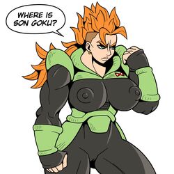 1girls android android_16 bodysuit breasts cameltoe clenched_hands dragon_ball dragon_ball_z earrings female frown half-closed_eyes large_breasts long_hair nipple orange_hair rule_63 shamefuldisplay solo