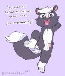 animal_crossing chest_tuft clothing english_text erection footwear kicks_(animal_crossing) male male_only mammal mephitid mostly_nude nintendo presenting profanity skunk smile socks text tuft unboxyguy video_games