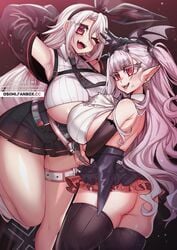 2girls angry ass azur_lane big_ass big_breasts big_butt curvy draculina_(last_origin) hair_ornament hair_ribbon huge_ass huge_breasts huge_butt last_origin long_hair microskirt miniskirt osiimi pale-skinned_female pale_skin prinz_heinrich_(azur_lane) red_eyes skirt thick_thighs thighhighs underboob vampire white_hair