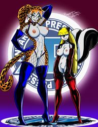 anthro asrial breasts brittany_diggers cheetah clothing duo felid feline female fred_perry genitals gloves gold_digger handwear hi_res latex_gloves latex_stockings mammal mephitid ninja_high_school nipples nude pussy skunk