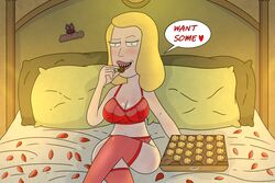 1girls beth_smith big_breasts blonde_hair breasts chocolate female female_only flowers in_bed lingerie long_hair looking_at_viewer milf momokarin01 mother pleasure_face rick_and_morty romantic solo valentine's_day wide_hips