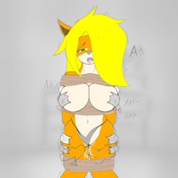 1:1 absurd_res anthro arms_tied black_nose blonde_hair bodily_fluids bondage bound clothing clothing_aside egg_vibrator female fur genital_fluids green_eyes hair hi_res legs_tied mojiuwu orange_body orange_fur panties panties_aside pussy_juice sex_toy shaking solo tape tape_bondage underwear underwear_aside vibrator