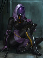 alternate_version_available bodysuit digitigrade glowing_eyes helmet hood looking_at_viewer mask mass_effect quarian sitting skintight_bodysuit soffa tali'zorah_nar_rayya thick_thighs thighs